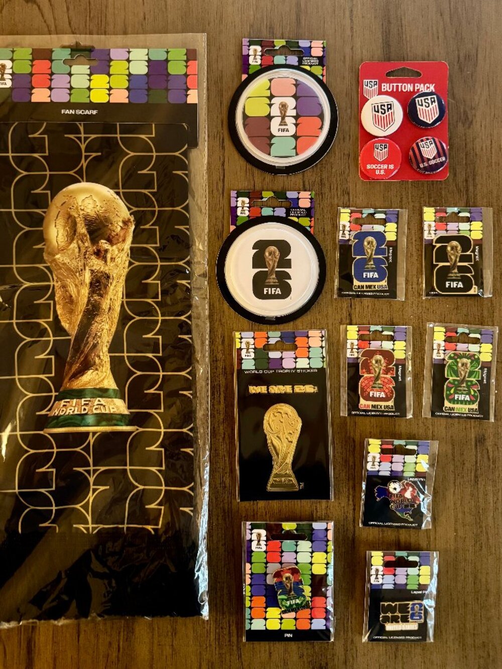 Big FIFA 2026 World Cup Lot PINS Scarf BUTTONS Sticker Magnets MEXICO US Canada